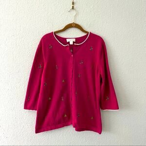 Vintage Christmas Sweater Pink Burgundy Fine Knit Embroidered Trees size 1x